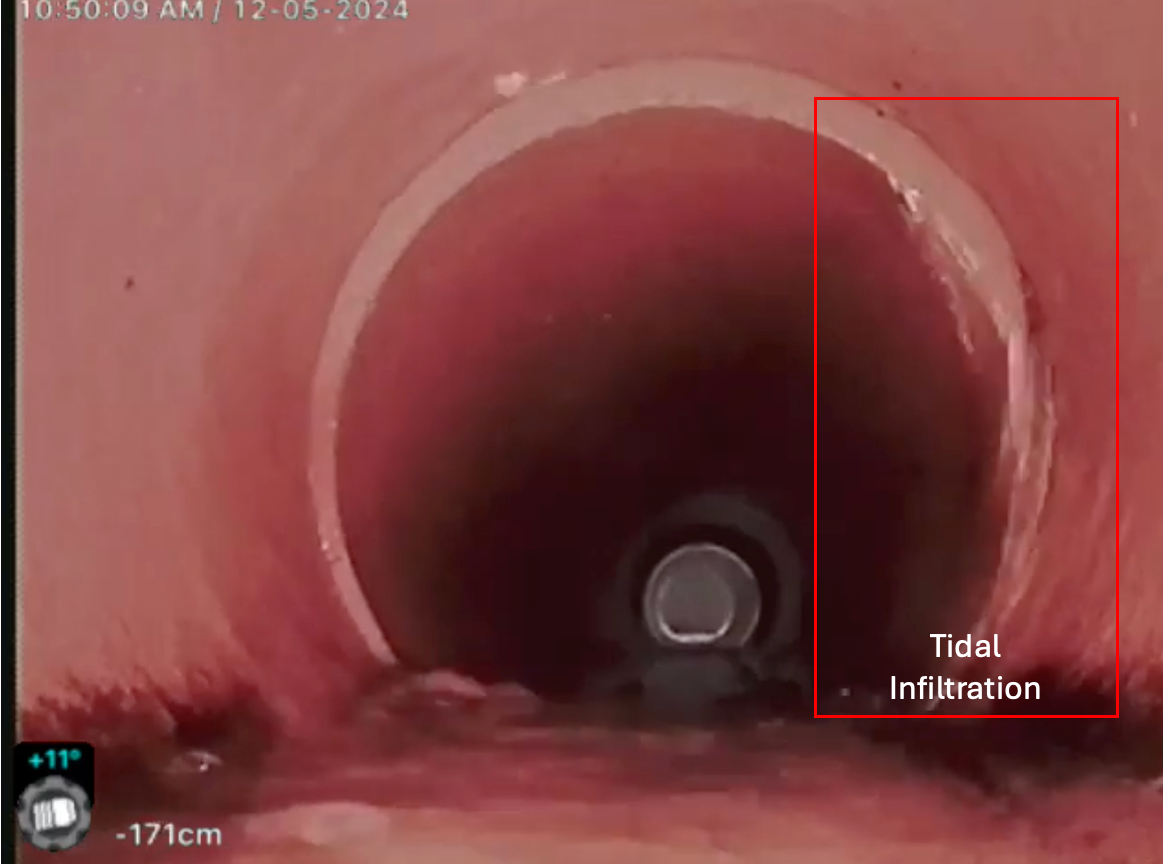 Before: tidal sea water infiltration visible inside sewer pipe