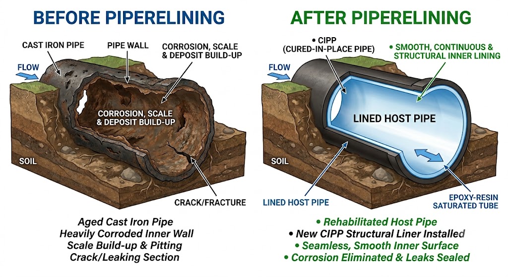 Diagram showing pipe condition before and after relining: corroded cast iron pipe versus rehabilitated host pipe with smooth CIPP structural liner installed